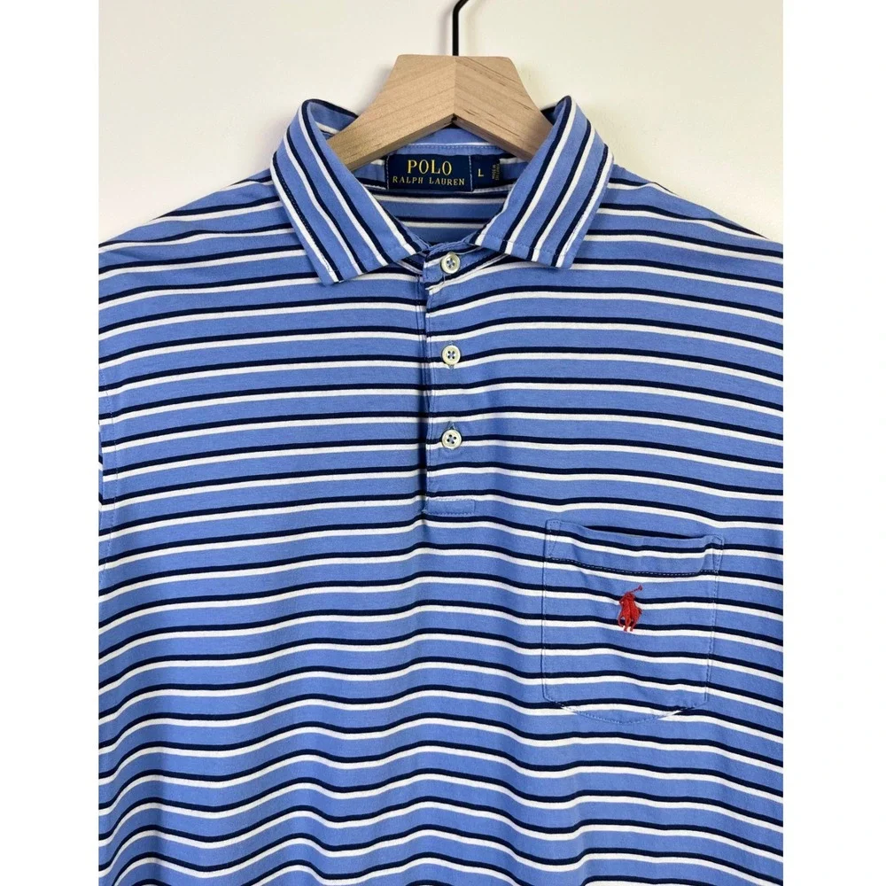 Polo Ralph Lauren Men's Large Preppy Blue Striped Polo Shirt Classic Fit‎